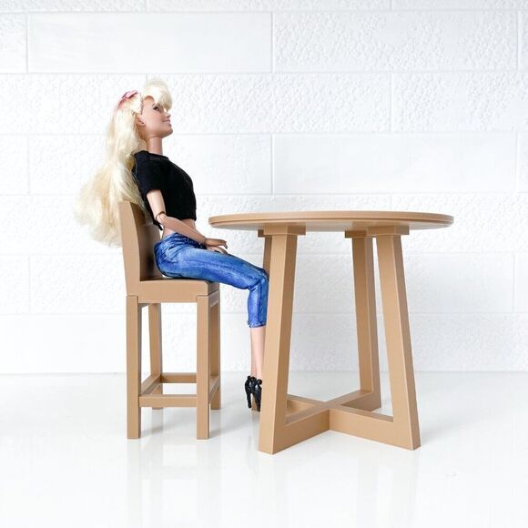 Miniature Barbie Bistro Table 4 Chairs 3D Printed Dollhouse Furniture Tan Wood - Picture 3 of 5